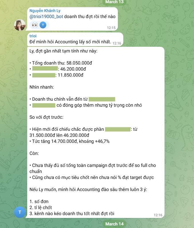 AI Trợ lý báo cáo doanh thu tự động trên Telegram